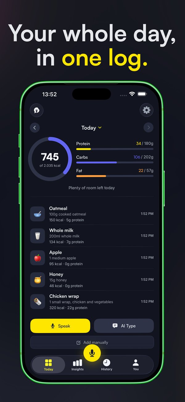 Today screen: your whole day in one log, with calories and macros