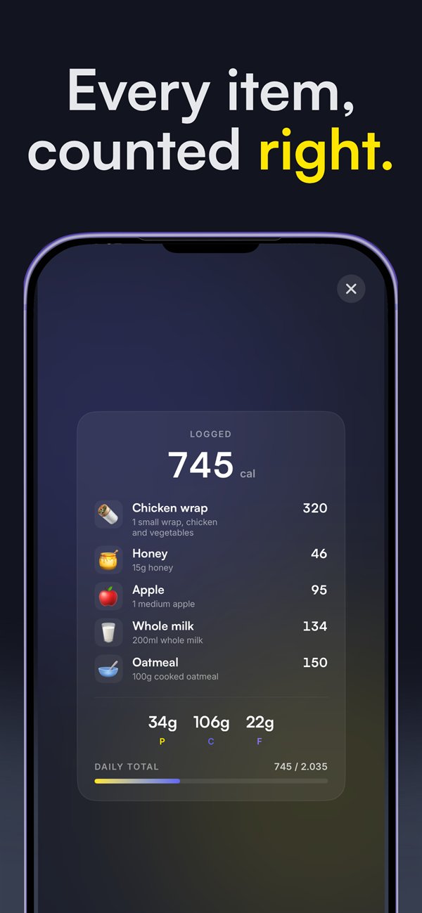Logged meal: every item counted with calories and macros