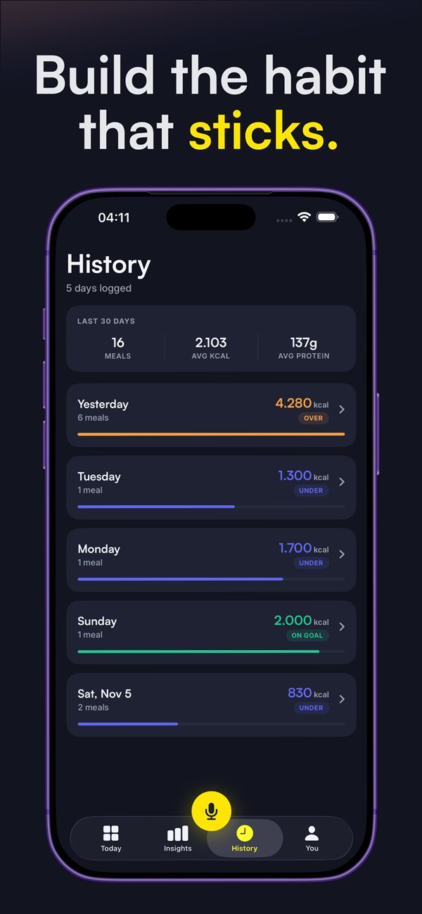 History screen: daily calories across the week