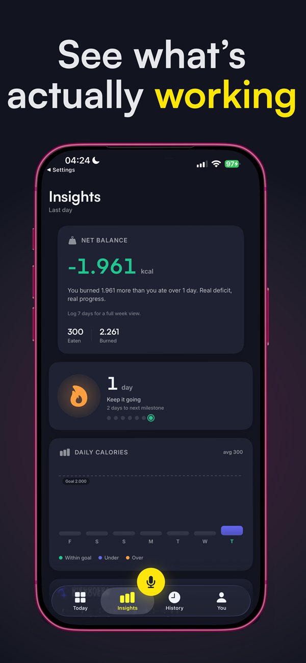 Insights screen: net calorie balance and streak